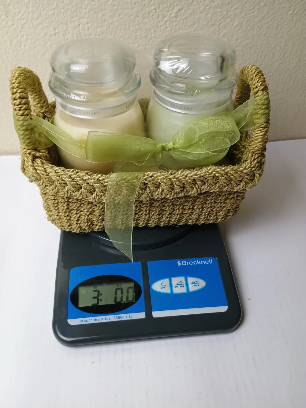 Green Woven Basket Gift Set with Two Cream Jar Candles - Pearberry Lily Of The V